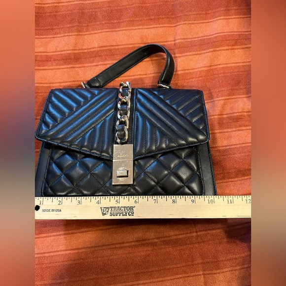 ALDO Black Quilted Satchel Purse Top Handle Gold Chain Lock Structured Bag - Picture 7 of 11